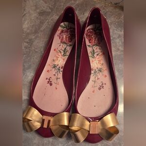 Ted Baker London Burgundy Patent Ballet Flats with Gold Bow